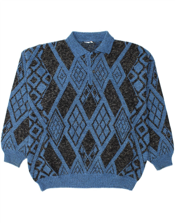 VINTAGE Polo-halstrøje til mænd Large Blue Argyle/Diamond