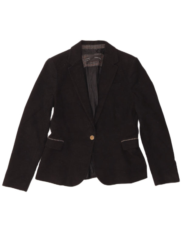 Zara Dame 1 Knap Blazer Jacket UK 14 Stor Sort Bomuld