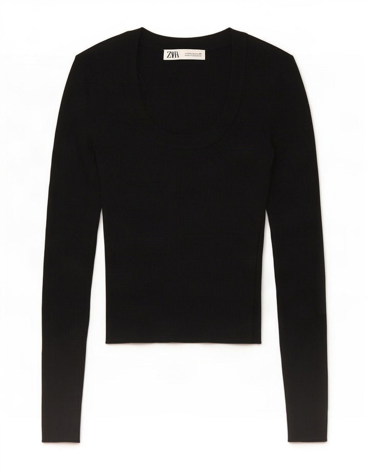 Zara Womens Crop Top Langærmet UK 12 Medium Black Viscose