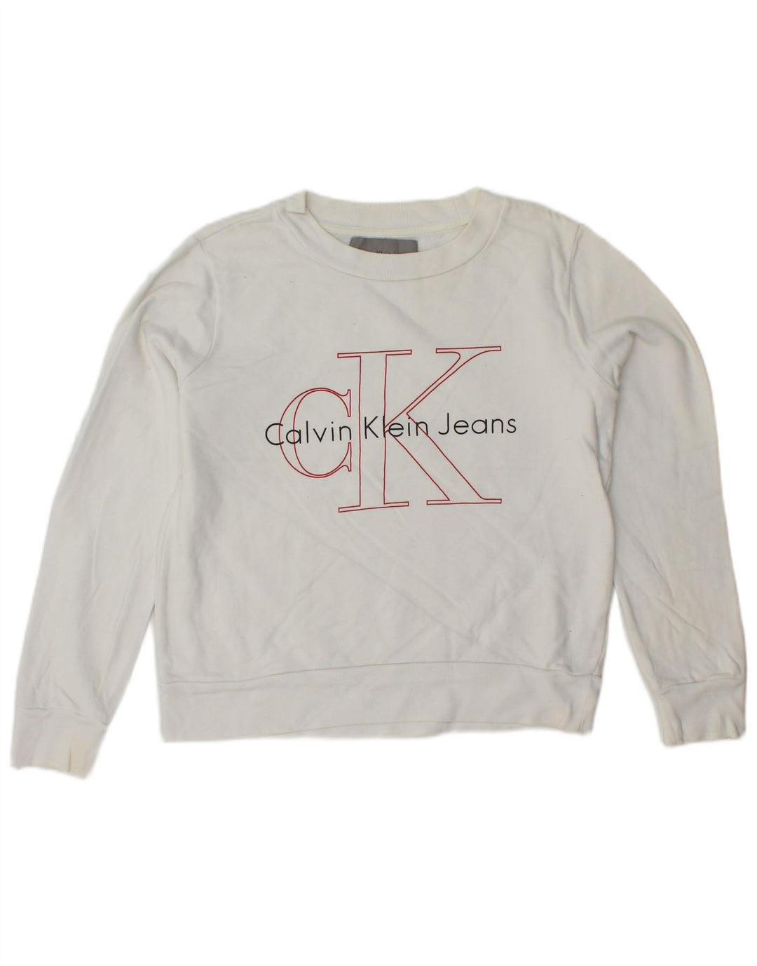 CALVIN KLEIN JEANS Dame Crop Graphic Sweatshirt Jumper UK 6 XS Hvid