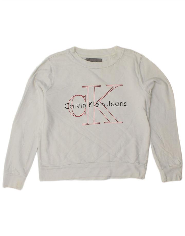 CALVIN KLEIN JEANS Dame Crop Graphic Sweatshirt Jumper UK 6 XS Hvid