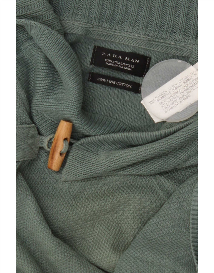 Zara Herre Shawl Neck Jumper Sweater Stor Grøn Bomuld