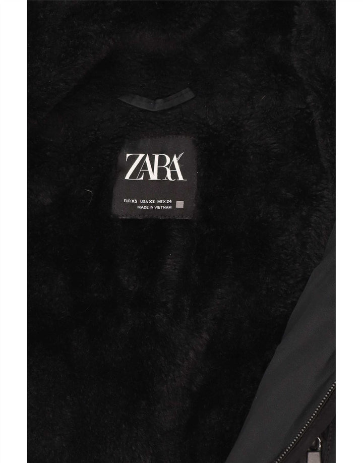 Zara Dame Hooded Parka Jacket UK 6 XS Sort Polyester