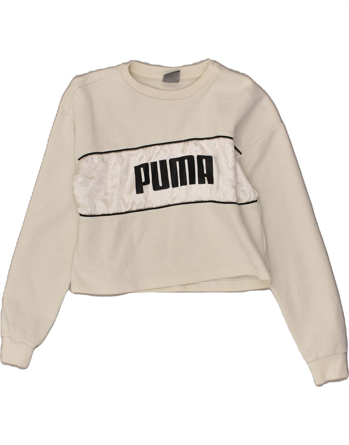 PUMA Womens Graphic Crop Sweatshirt Jumper UK 12 Medium Off White Cotton | Vintage Puma | Thrift | Second-Hand Puma | Used Clothing | Messina Hembry 