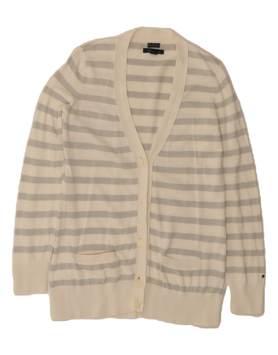 TOMMY HILFIGER Womens Cardigan Sweater UK 14 Medium Off White Striped Vintage Tommy Hilfiger and Second-Hand Tommy Hilfiger from Messina Hembry 