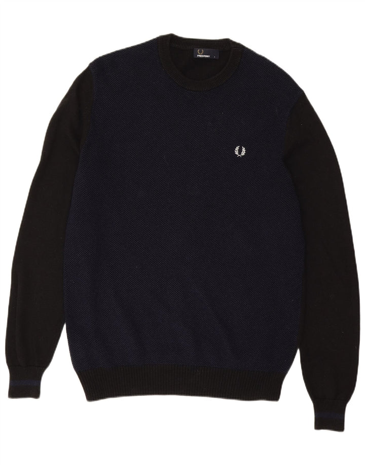 Fred Perry Herre Crew Neck Jumper Sweater Large Navy Blue Colourblock Uld