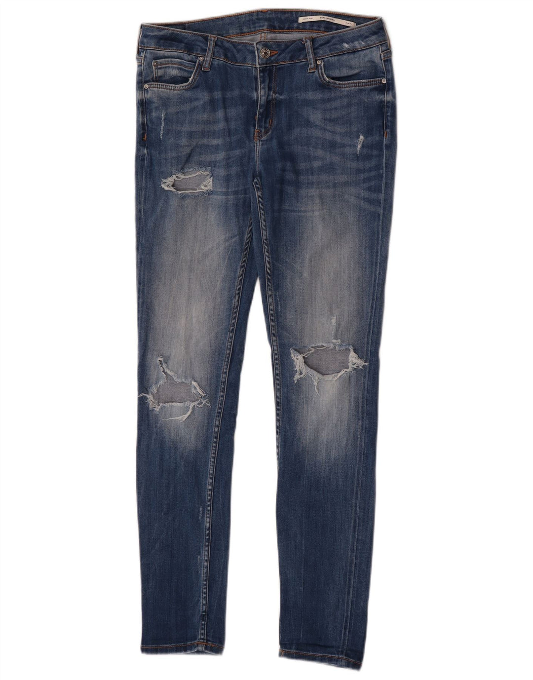 Zara Dame Distressed Mid Rise Slim Jeans EU 40 Medium W30 L30 Blå Bomuld