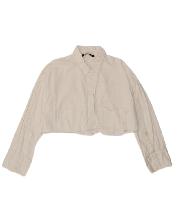 Zara Womens Crop Shirt Bluse UK 16 Large White Bomuld