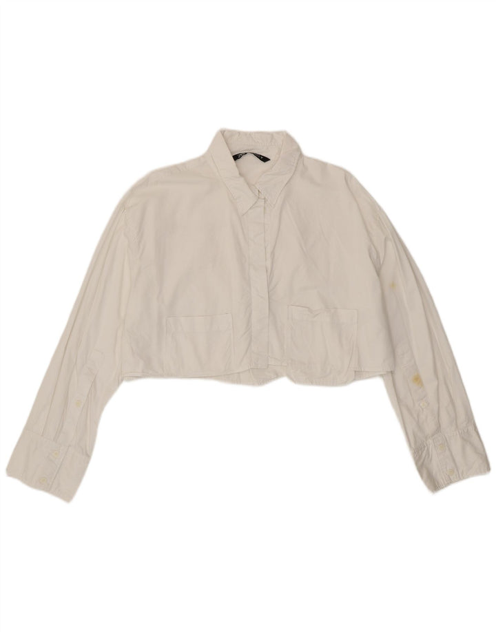 Zara Womens Crop Shirt Bluse UK 16 Large White Bomuld