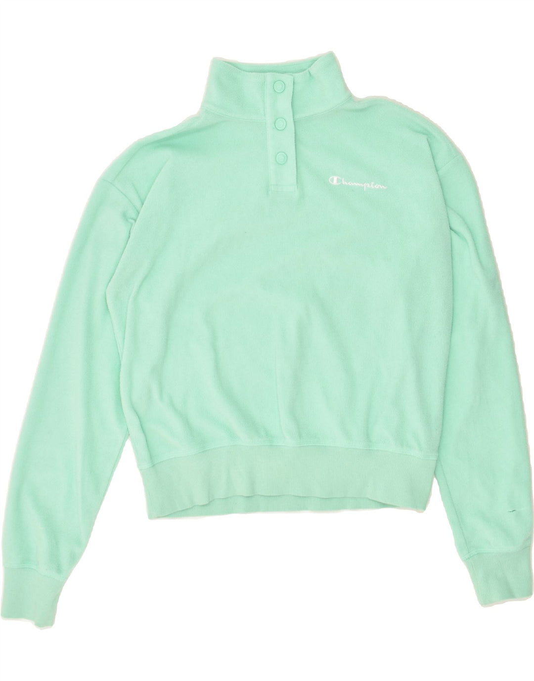 CHAMPION Womens Button Neck Fleece Jumper UK 14 Medium Turquoise | Vintage Champion | Thrift | Second-Hand Champion | Used Clothing | Messina Hembry 