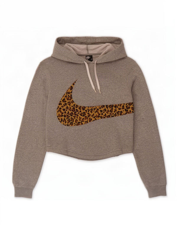 Nike Dame Grafisk Crop Hoodie Jumper UK 6 XS Grå Animal Print Bomuld