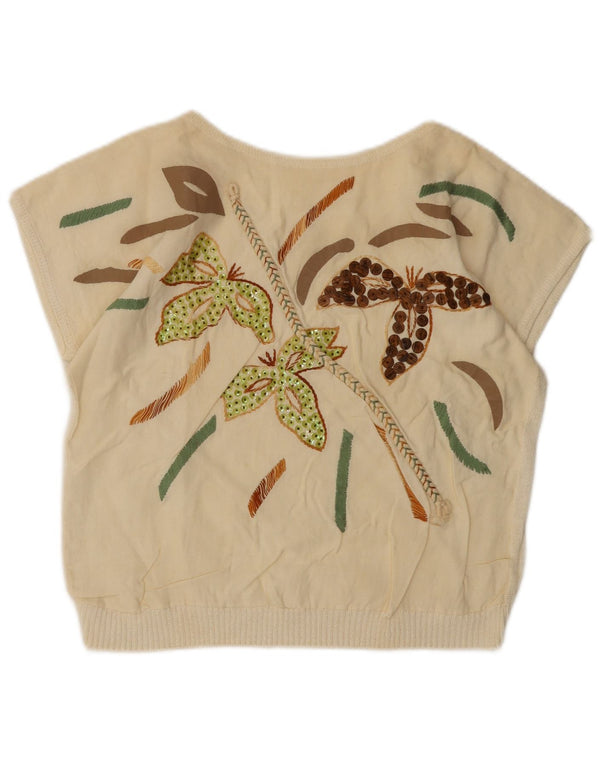 Vintage Dame Crop Bluse Top UK 14 Medium Off White Floral