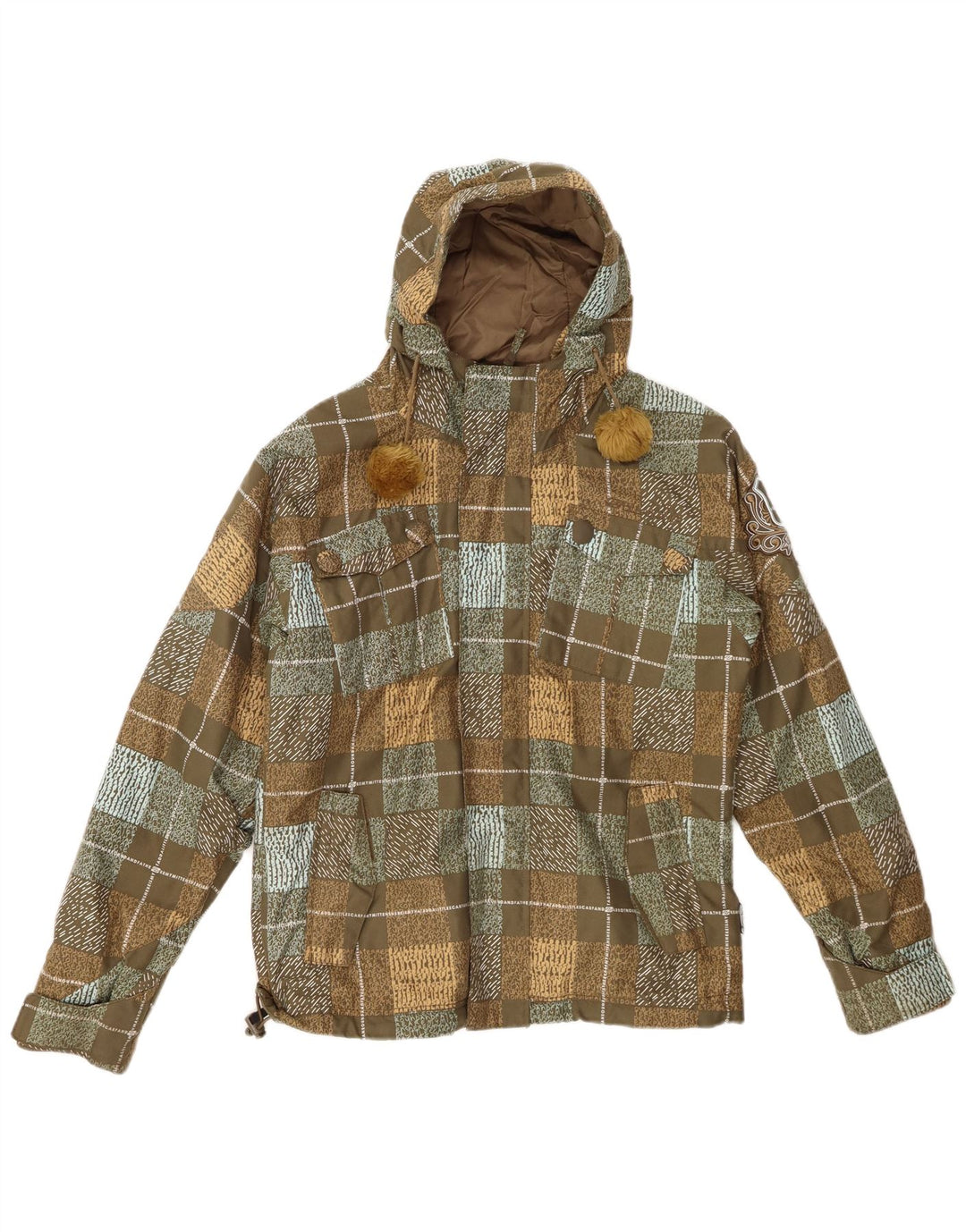 BILLABONG Dame grafisk hættejakke EU 36 Small Khaki Check