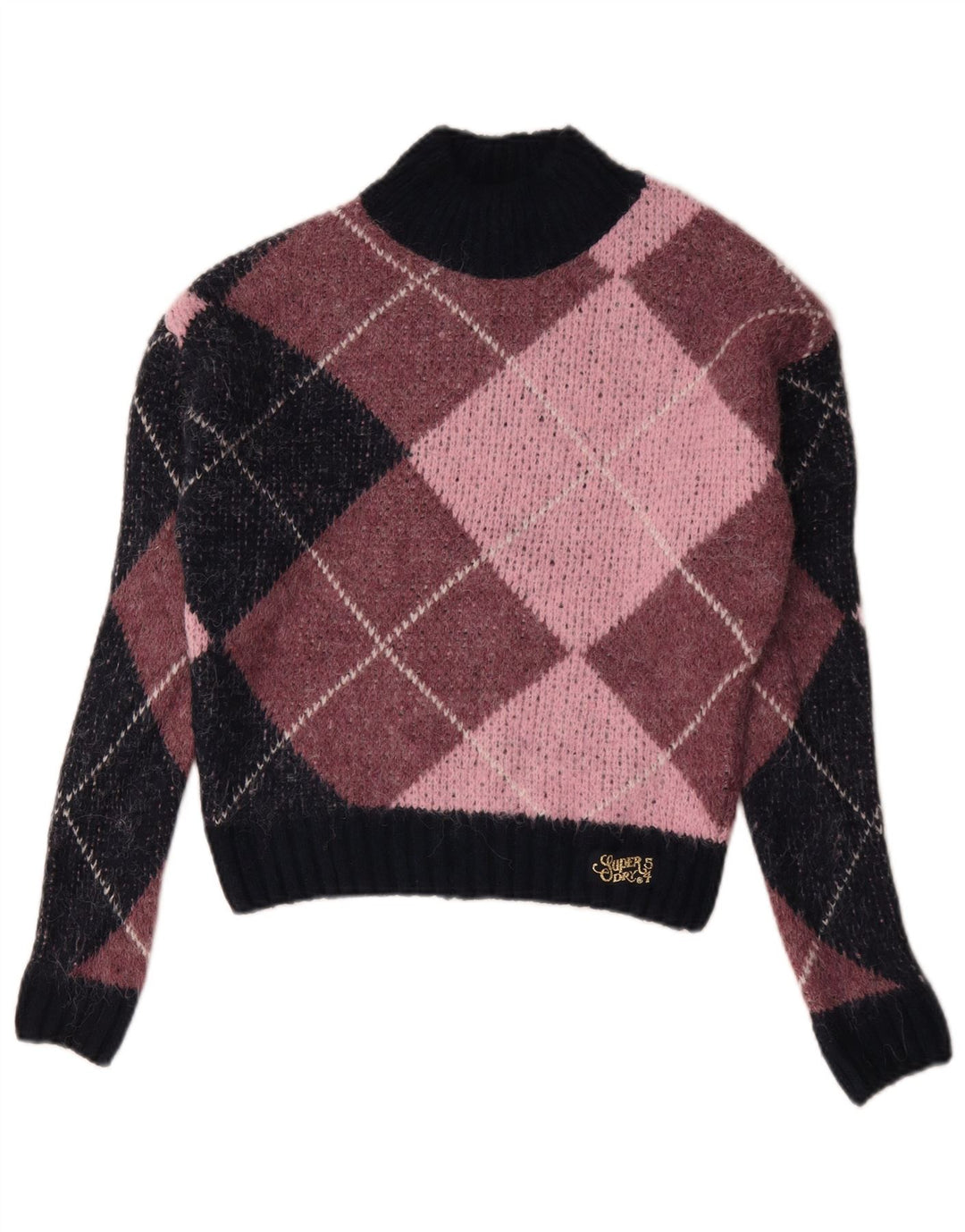 Superdry Dame Turtle Neck Sweater UK 10 Small Pink Argyle/Diamond