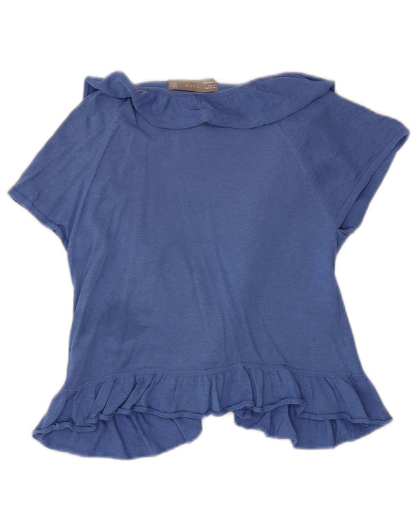 Zara Dame Kortærmet Flæse Foran Cardigan Top UK 12 Medium Blue Bomuld