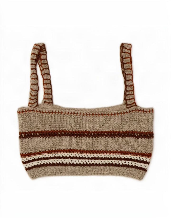 Zara Dame Strik Ærmeløs Crop Top UK 12 Medium Beige Stribet