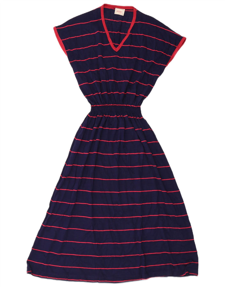 Vintage Dame Maxi Kjole UK 12 Mellem marineblå stribet akryl