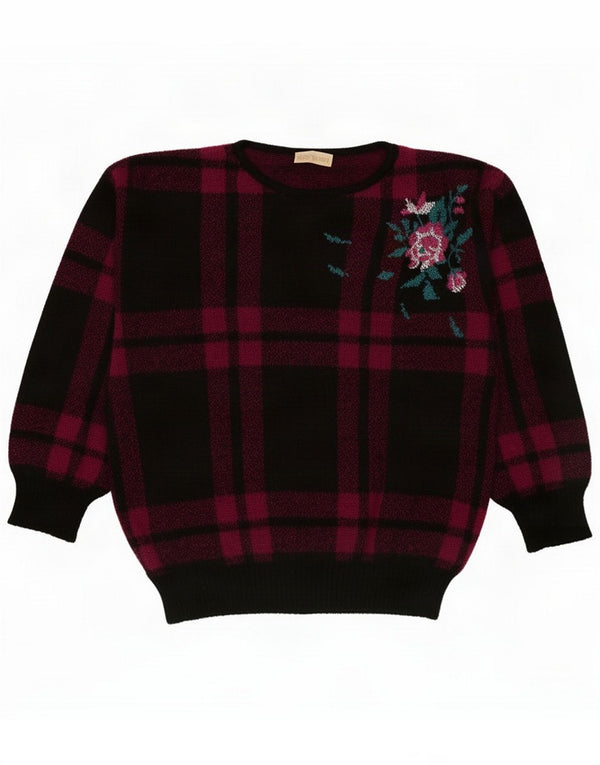 Vintage Dame Oversized Boat Neck Jumper Sweater UK 4 XS Sort Plaid