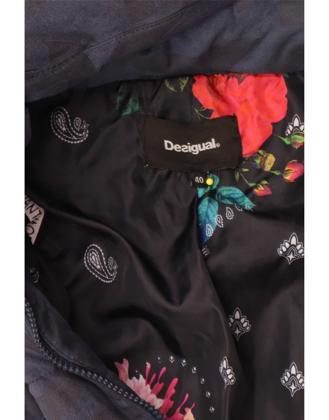 Desigual, grafisk, polstret hættefrakke til kvinder EU 40 Mellem marineblå polyester
