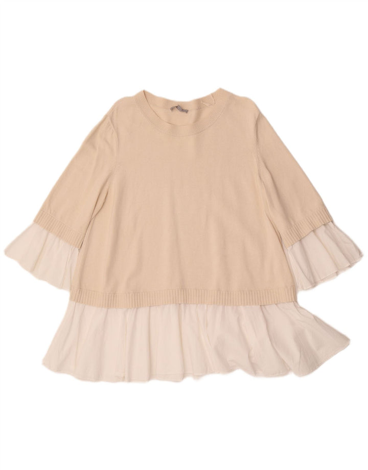 Cos Dame 3/4-ærmet tunikatop UK 14 Medium Beige Colourblock Bomuld
