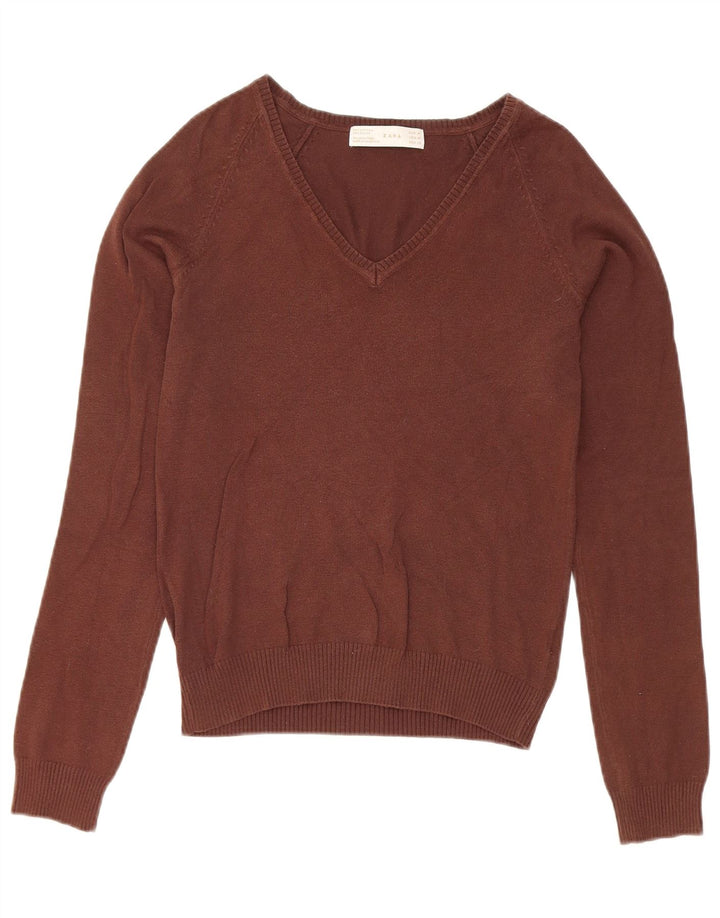 Zara Dame V-hals sweater UK 12 Medium Brun Bomuld