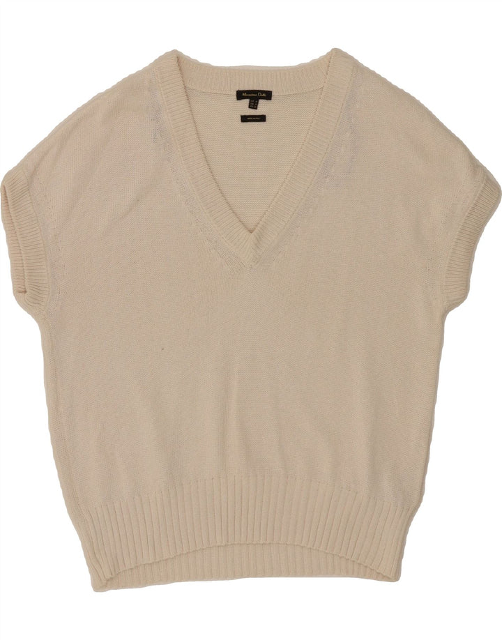MASSIMO DUTTI Womens Short Sleeve V-Neck Jumper Sweater UK 14 Medium Beige Vintage Massimo Dutti and Second-Hand Massimo Dutti from Messina Hembry 