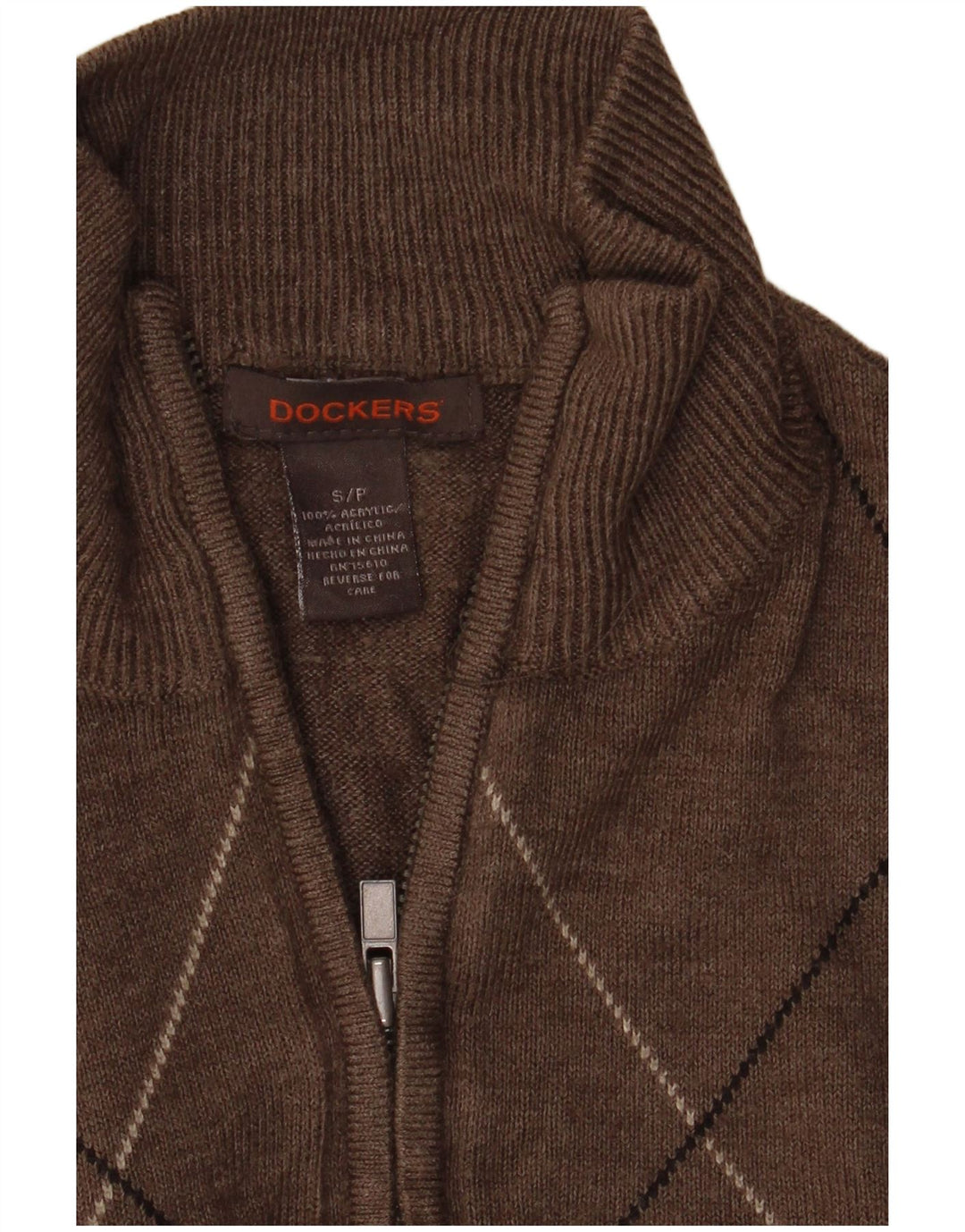 Dockers Herre Zip Neck Jumper Sweater Small Brown Argyle/Diamond Acryl