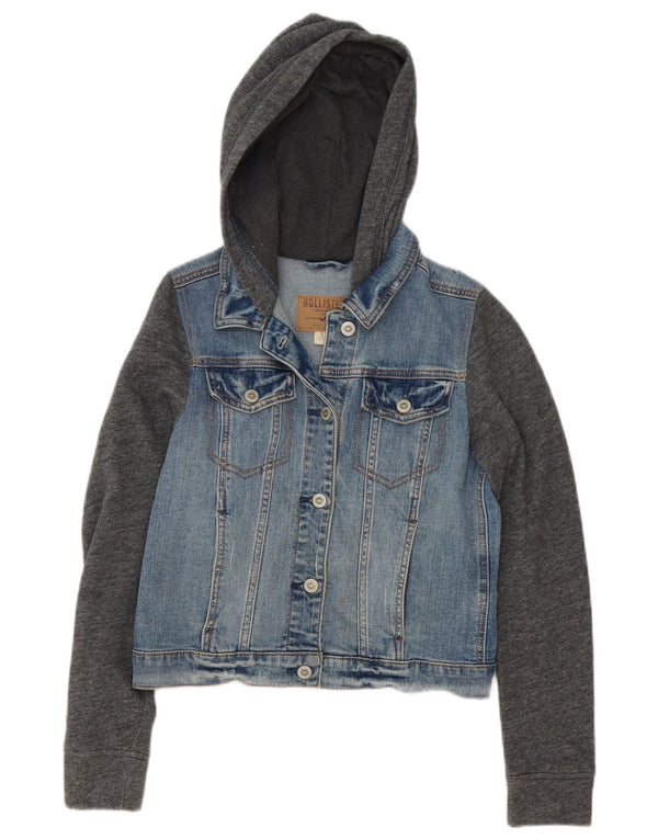 Hollister Dame Crop Hooded Denim Jacket UK 10 Small Blue Colourblock