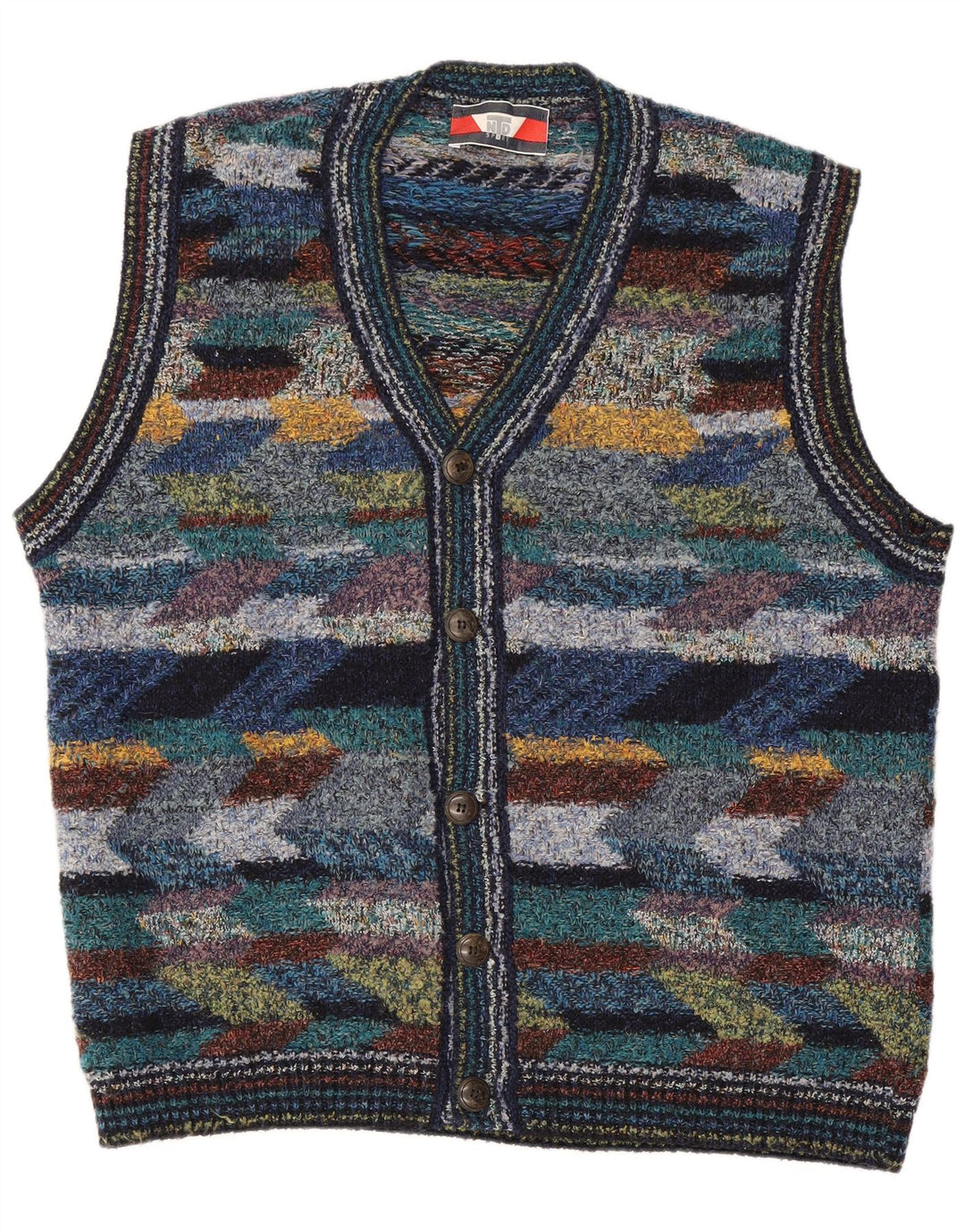 Vintage herre ærmeløs cardigan sweater XL flerfarvet geometrisk uld