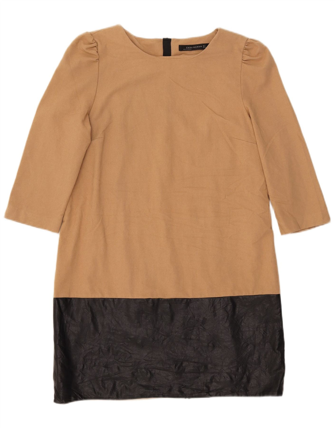 Zara Dame 3/4 ærme Skift Kjole UK 14 Large Beige Colourblock Polyester