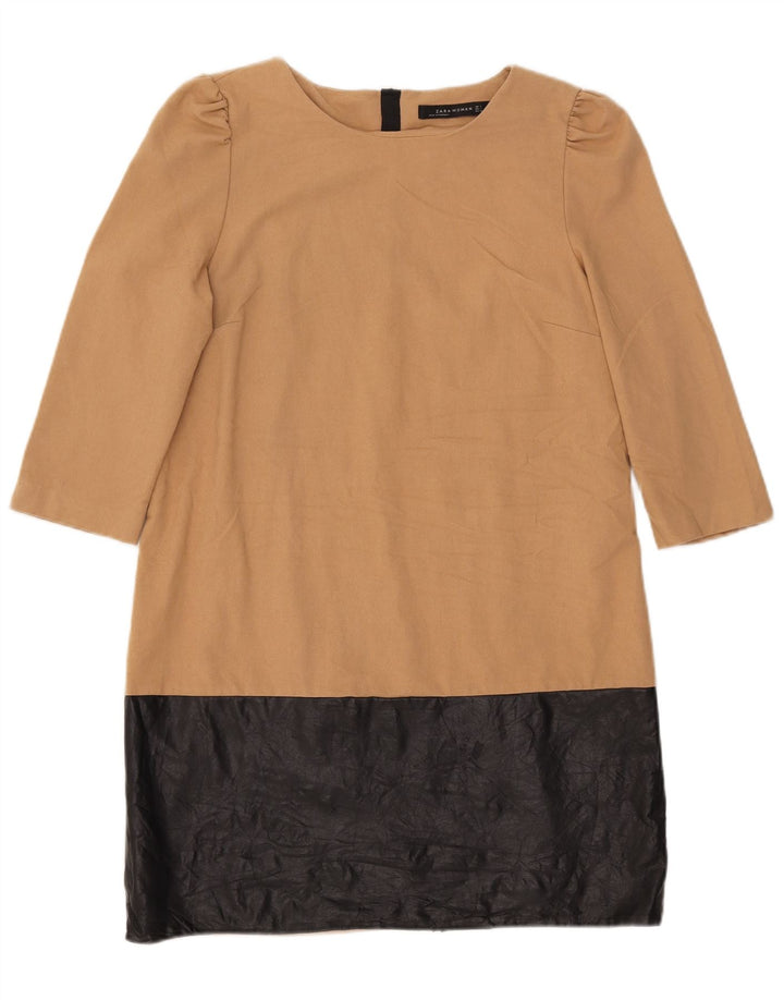 Zara Dame 3/4 ærme Skift Kjole UK 14 Large Beige Colourblock Polyester
