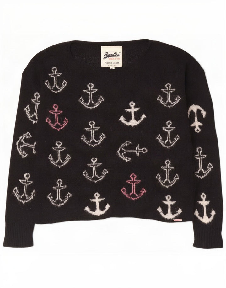 Superdry Dame Boat Neck Jumper Sweater UK 14 Medium Black