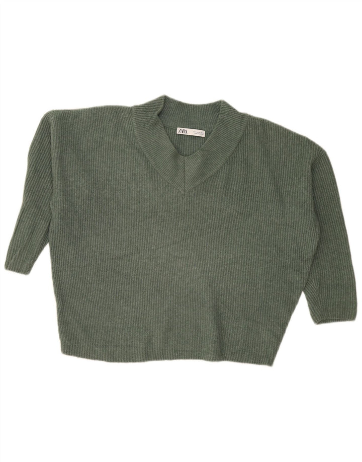 Zara Womens Oversized Crop V-hals sweater UK 10 Small Green