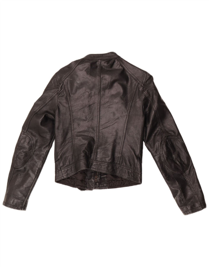 Vintage Dame Crop Læder Biker Jacket UK 10 Lille sort læder