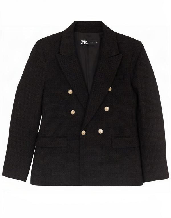 Zara Dame Dobbeltradet Blazer Jacket UK 6 XS Sort Akryl