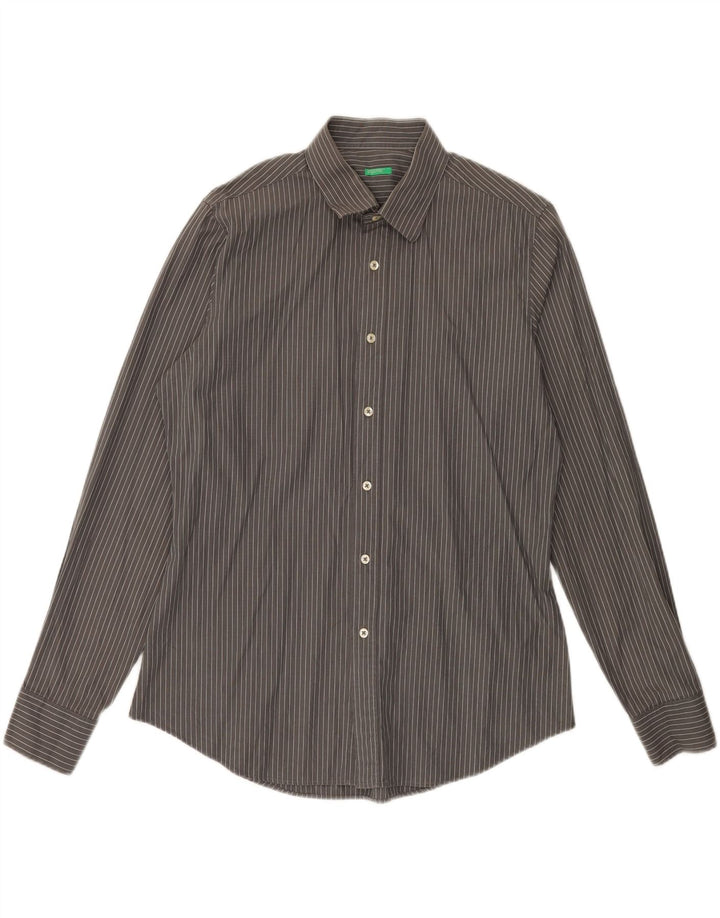 BENETTON Mens Shirt XL Grey Pinstripe Cotton