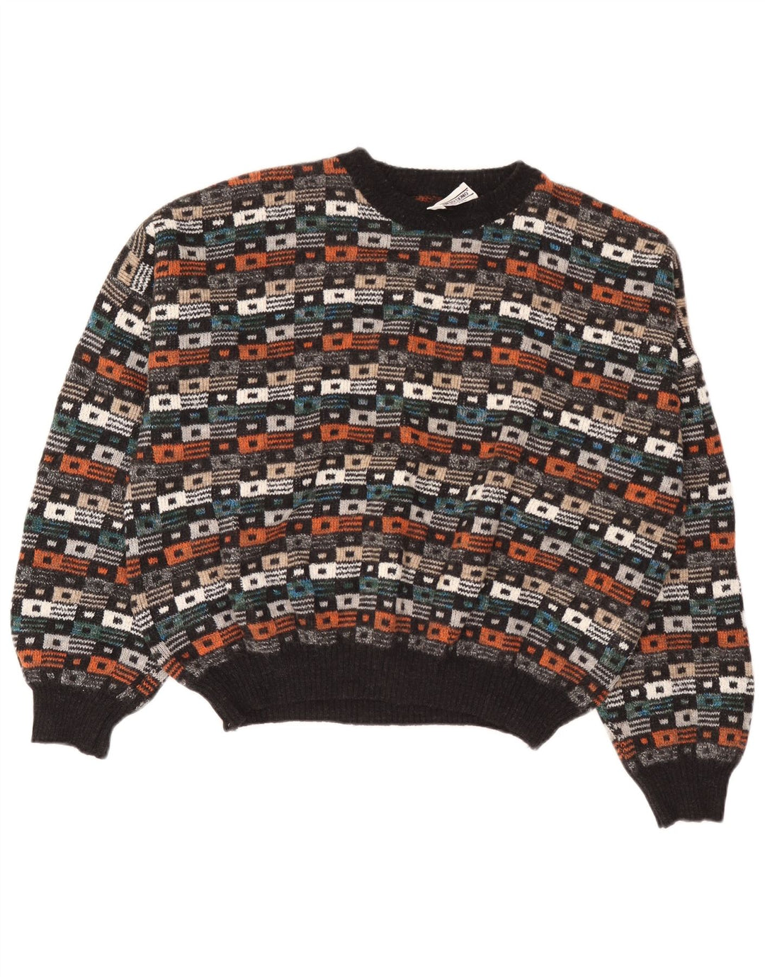 Vintage herre sweater med rund hals IT 54 XL flerfarvet geometrisk uld