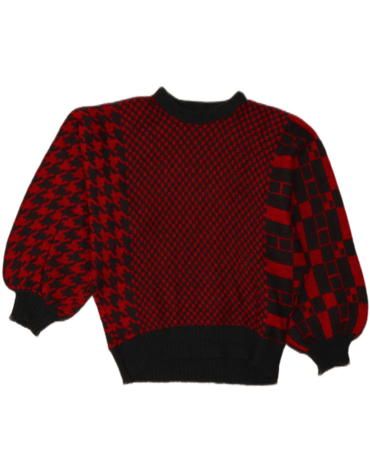 Vintage Dame Boat Neck Jumper Sweater UK 14 Stor Rød Patchwork Akryl