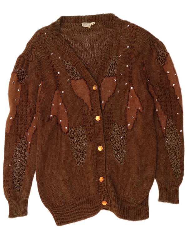 Vintage kvinders abstrakt mønster cardigan sweater UK 14 medium brun
