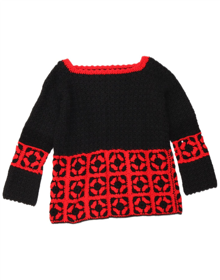 Vintage Dame Boat Neck Jumper Sweater UK 14 Medium Sort Geometrisk