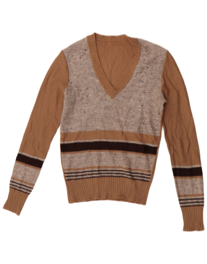 Vintage Dame Crop V-hals sweater IT 44 Medium Brun Stribet
