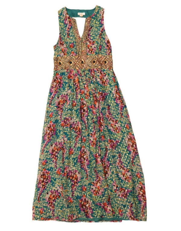 Monsoon Dame Ærmeløs Maxikjole UK 14 Large Multicolored Floral Silke