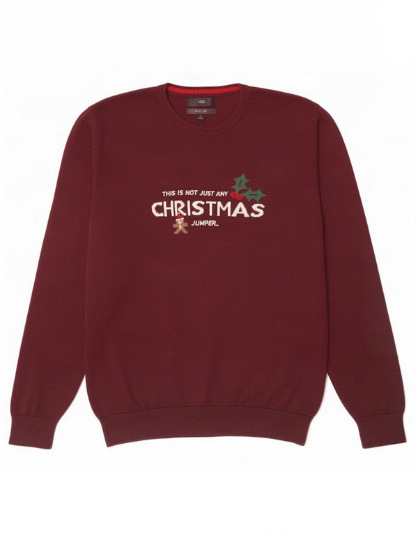 Marks & Spencer Herre Crew Neck Jumper Sweater Large Burgundy Christmas