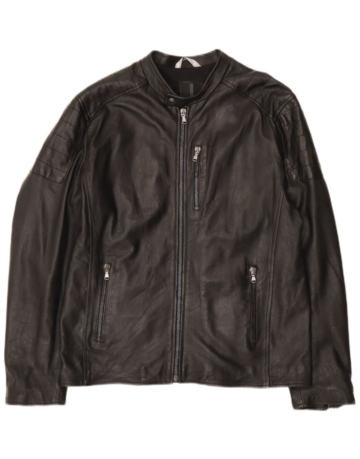 Bayside Herre Læder Racer Jakke UK 42 XL Sort Læder