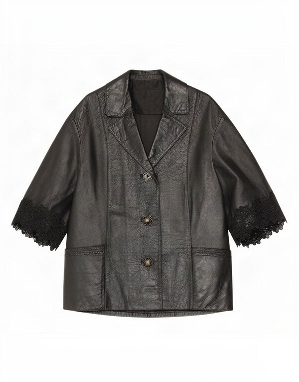 Suedemaster Womens 3/4 Sleeve Leather Blazer Jacket UK 12 Medium Black