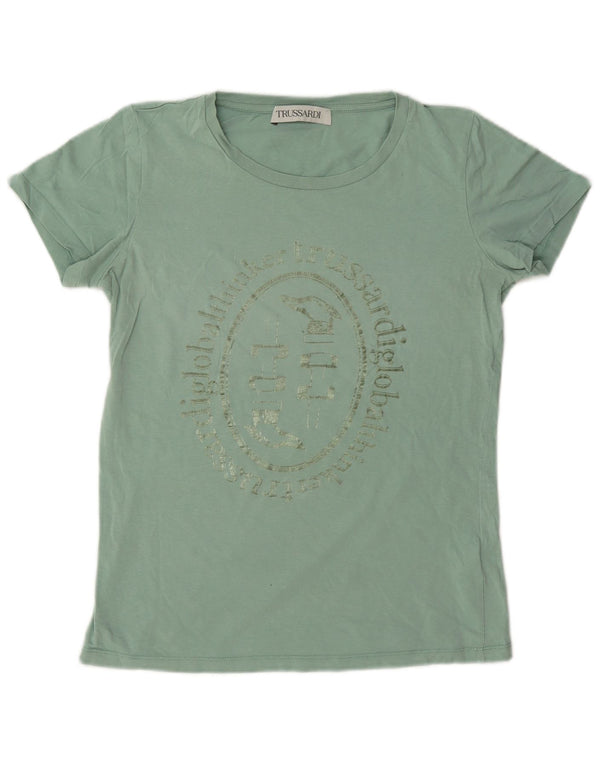 Trussardi Dame Grafisk T-Shirt Top UK 14 Medium Grøn Bomuld