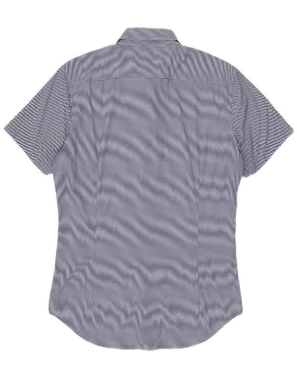 BONOBOS Herre skræddersyet pasform kortærmet skjorte lille blå nålestribet nylon