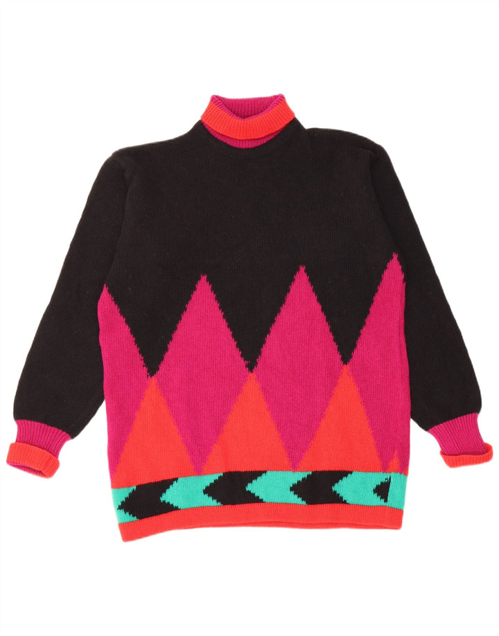 Vintage Dame Roll Neck Jumper Sweater UK 12 Medium Black Argyle/Diamond