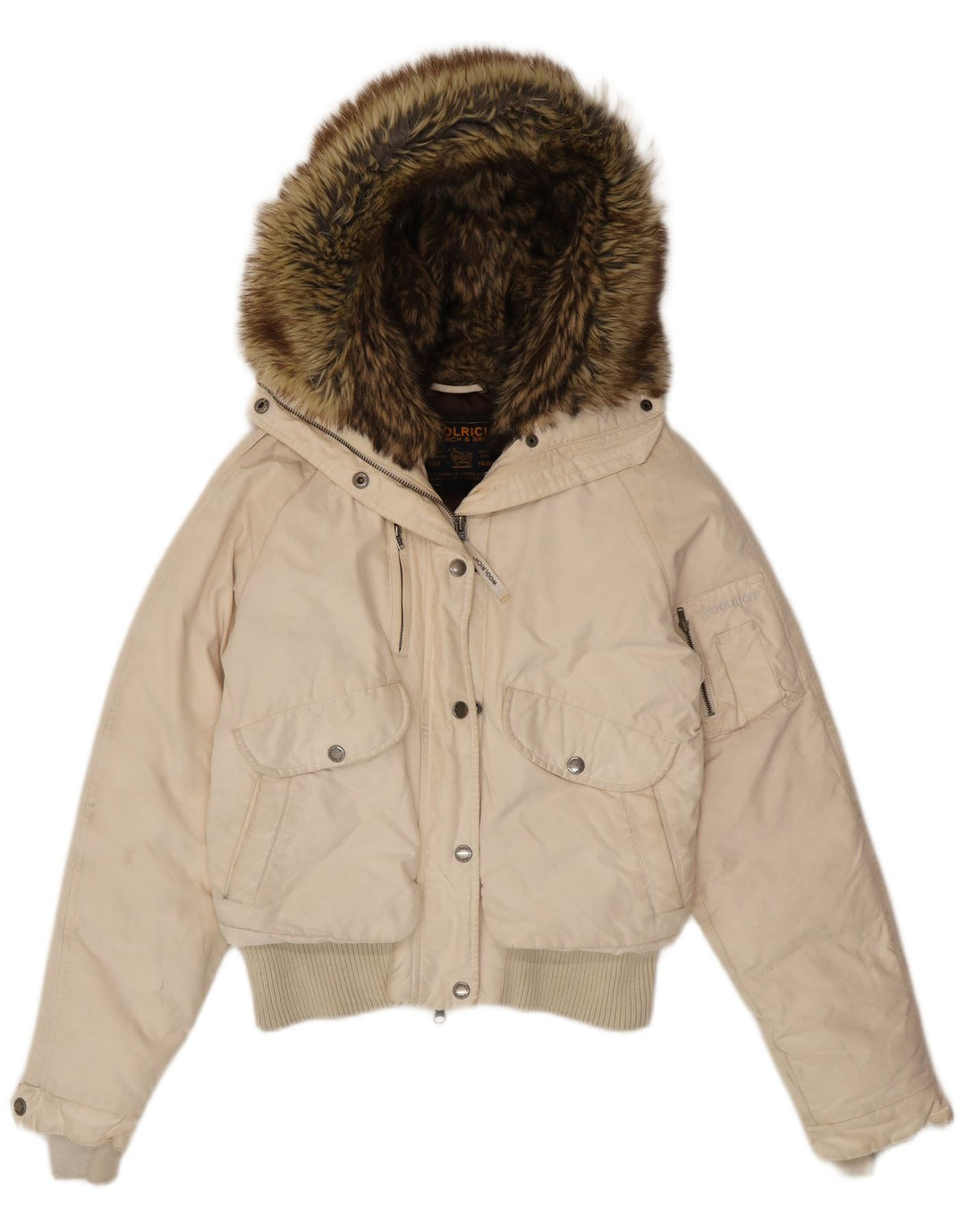 Woolrich polstret hættejakke til kvinder UK 14 Medium hvid bomuld