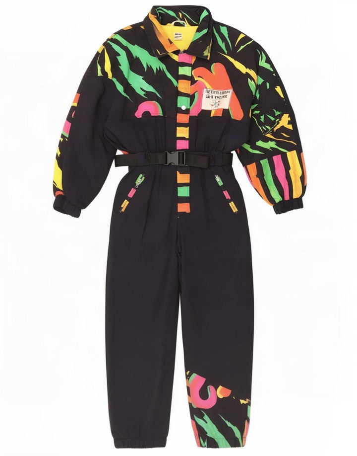 Vintage kvinders abstrakt mønster ski jumpsuit UK 12 medium sort polyamid